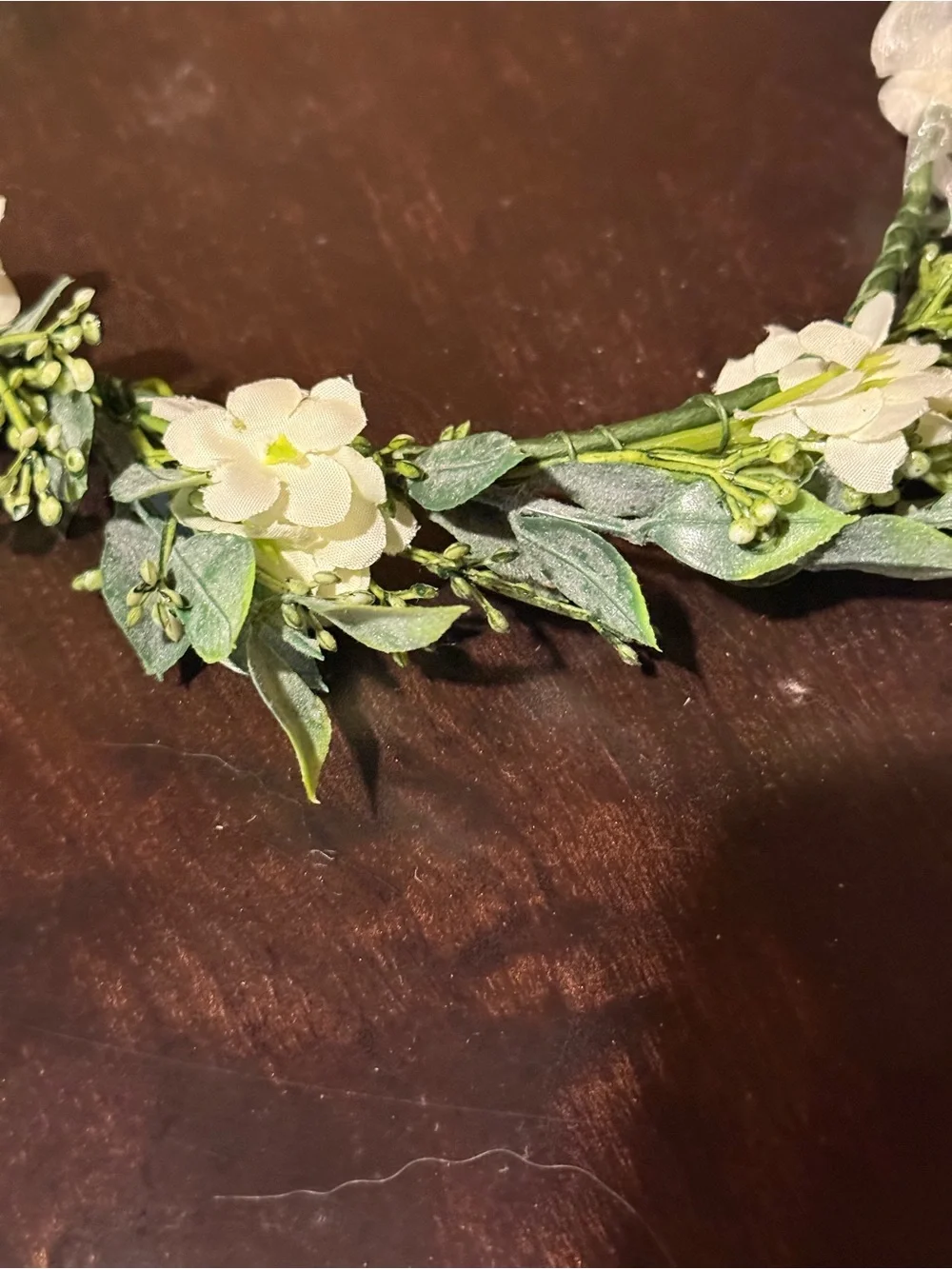 Green & White Floral Garland Headpiece Crown Adjustable Sheer Ribbon Bow Wedding